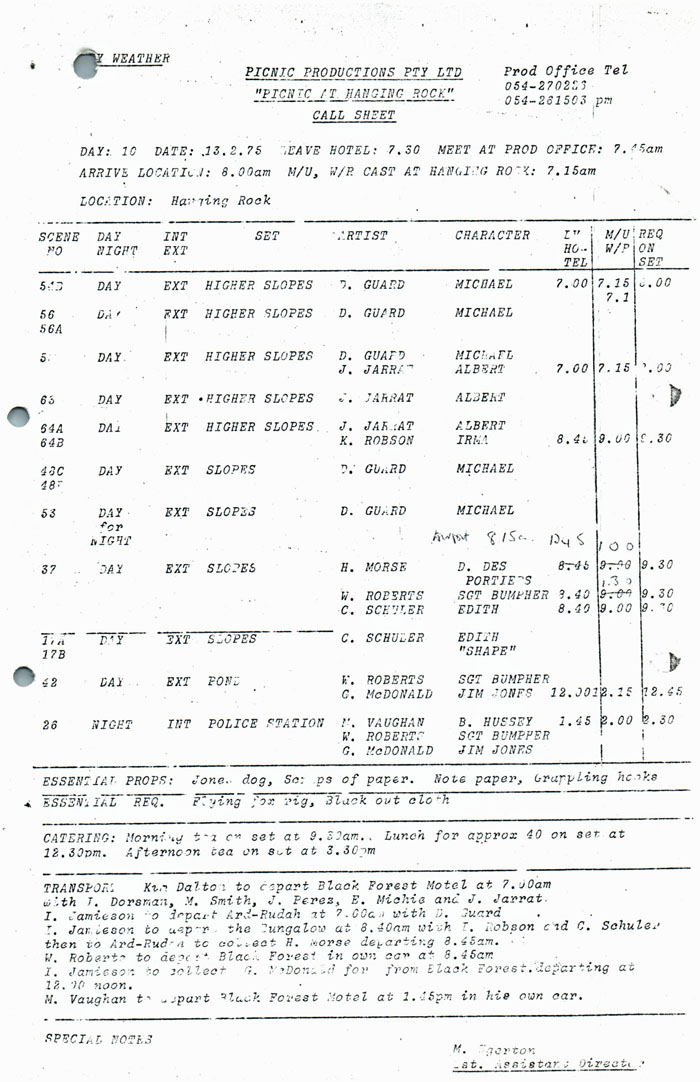 Production call sheet for Day 10 of filming Picnic at Hanging Rock, 1975.