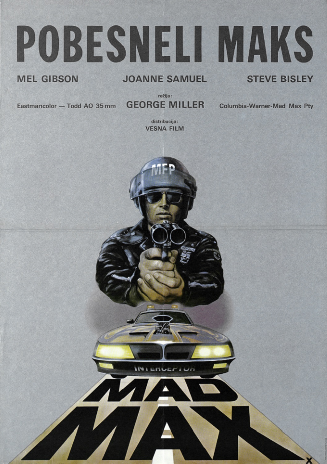 Grey background, title and credits at top. Main image is illustration of road cop pointing a gun straight at camera, underneath is a car.