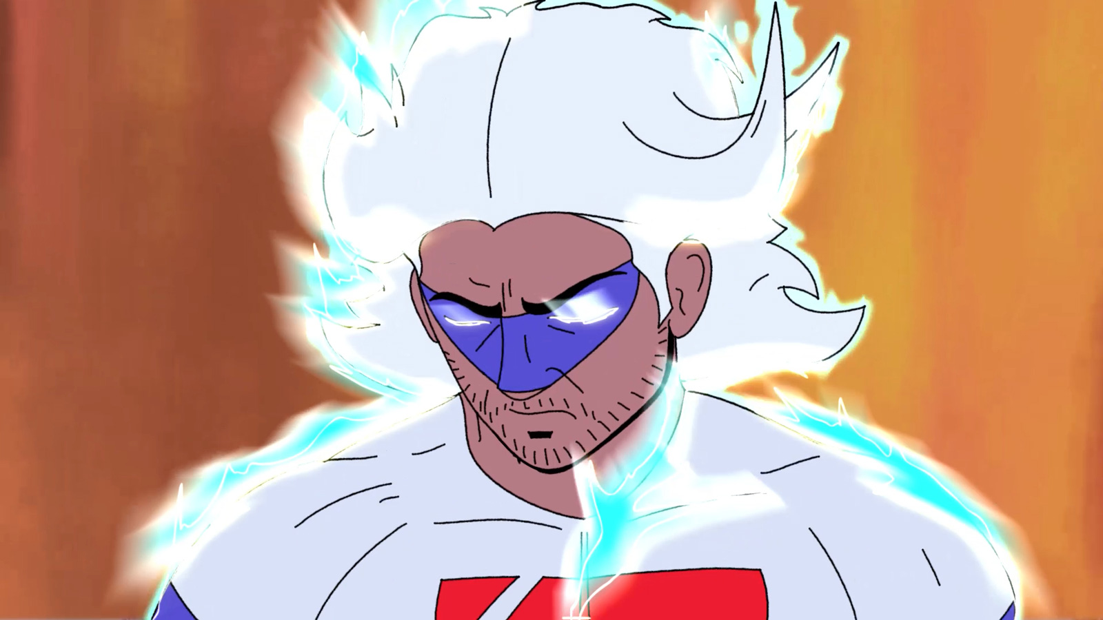 Animation cell of a head and shoulders image of a superhero figure with white hair and a white shirt and wearing a superhero mask over his eyes. He is looking downwards and his eyes are glowing white and his body is emanating light.