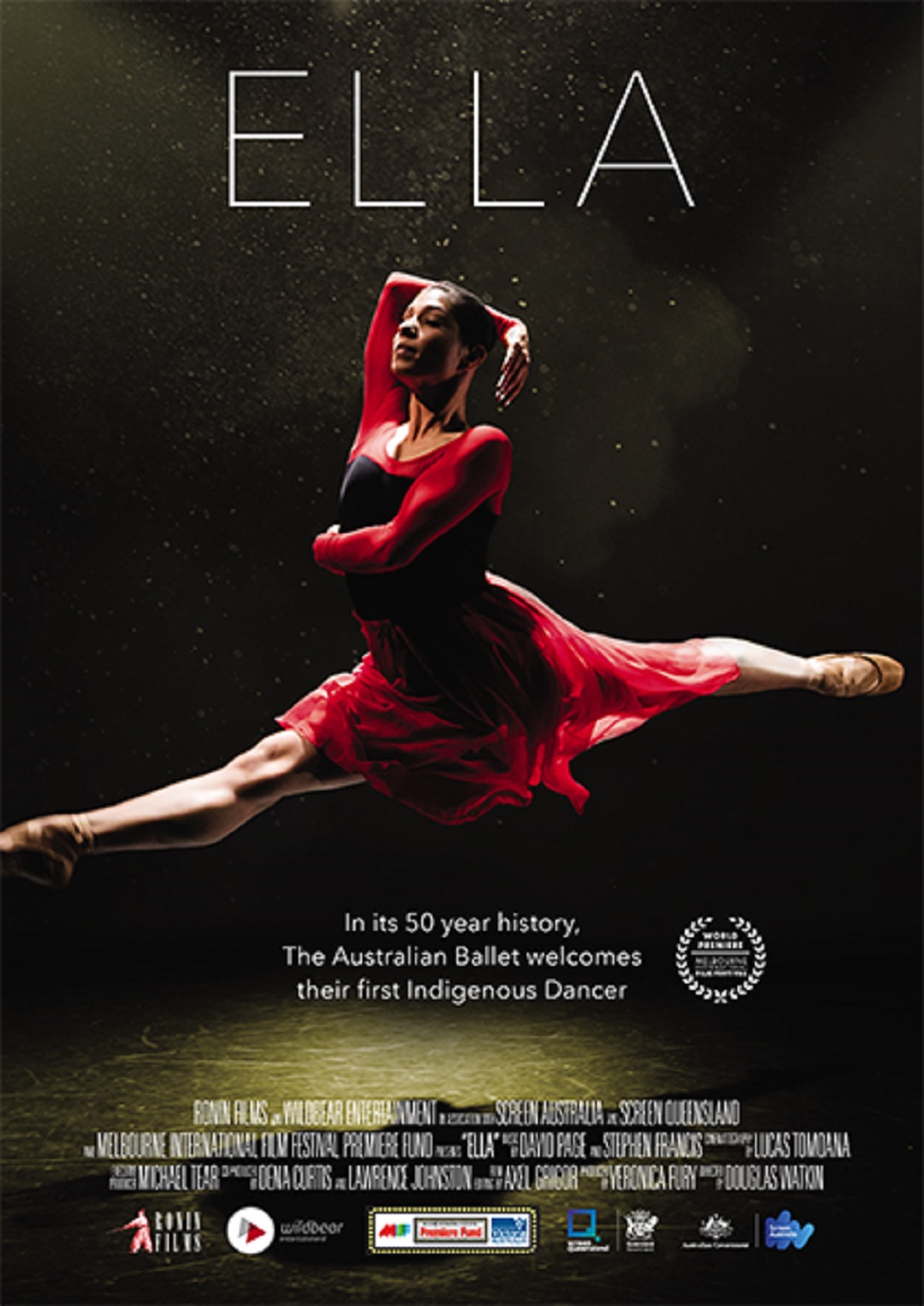 Poster for the documentary Ella featuring a dancer leaping into the air wearing a red dress.