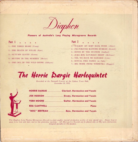 Verso of Horrie Dargie Concert record sleeve with track listing