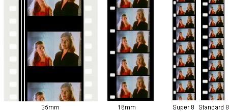Examples of various film gauges; 35mm, 16mm, super 8 and standard 8