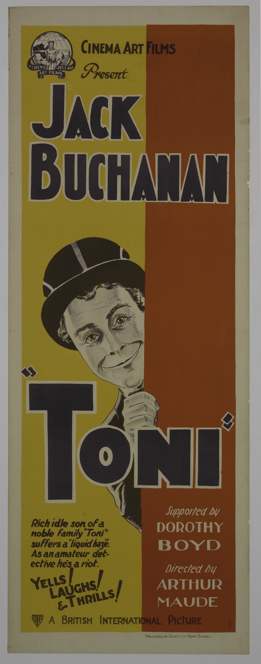 Cinema poster of Toni (Jack Buchanan) dressed in a suit and top hat peeking out from behind a red panel. 