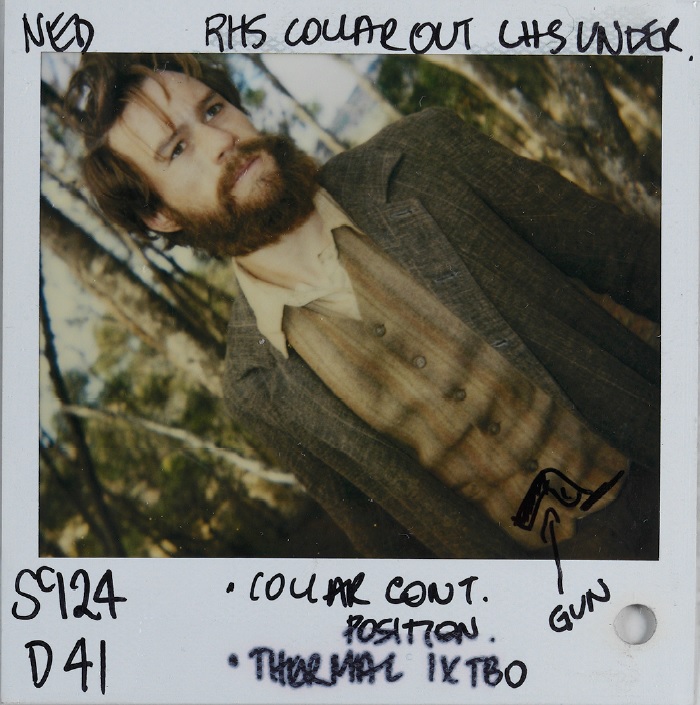 Polaroid photo of a bearded Heath Ledger in Ned Kelly costume.