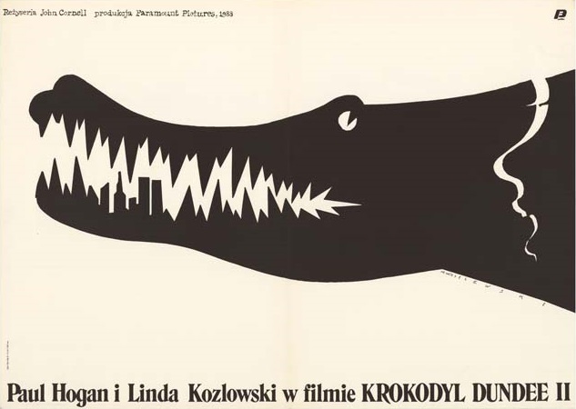 Black and white Polish poster for Crocodile Dundee II featuring the head of a crocodile. Some of the crocodile