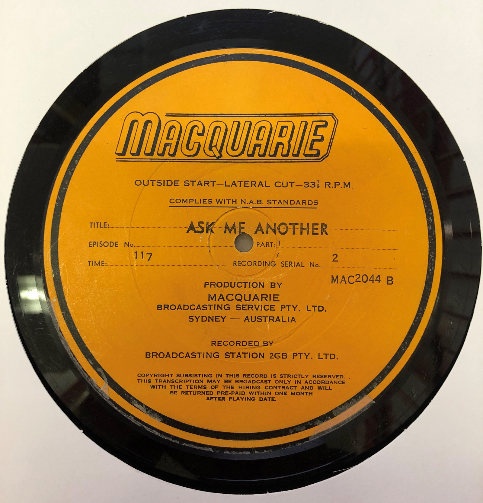 Label from a radio disc dated 1953.