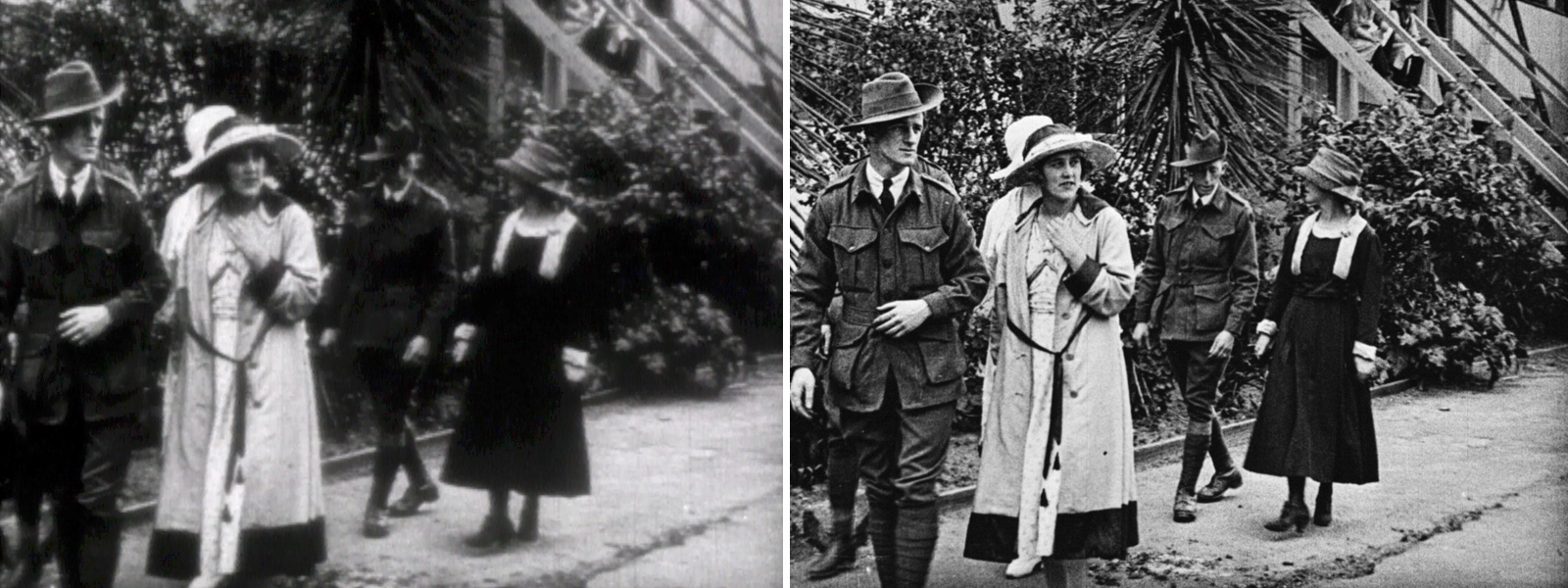 Side by side comparison of a frame from 'The Digger Carries On' (1919) showing before and after restoration. One is blurred and one is clear and sharp. It shows men in army uniform strolling with women wearing hats and coats.