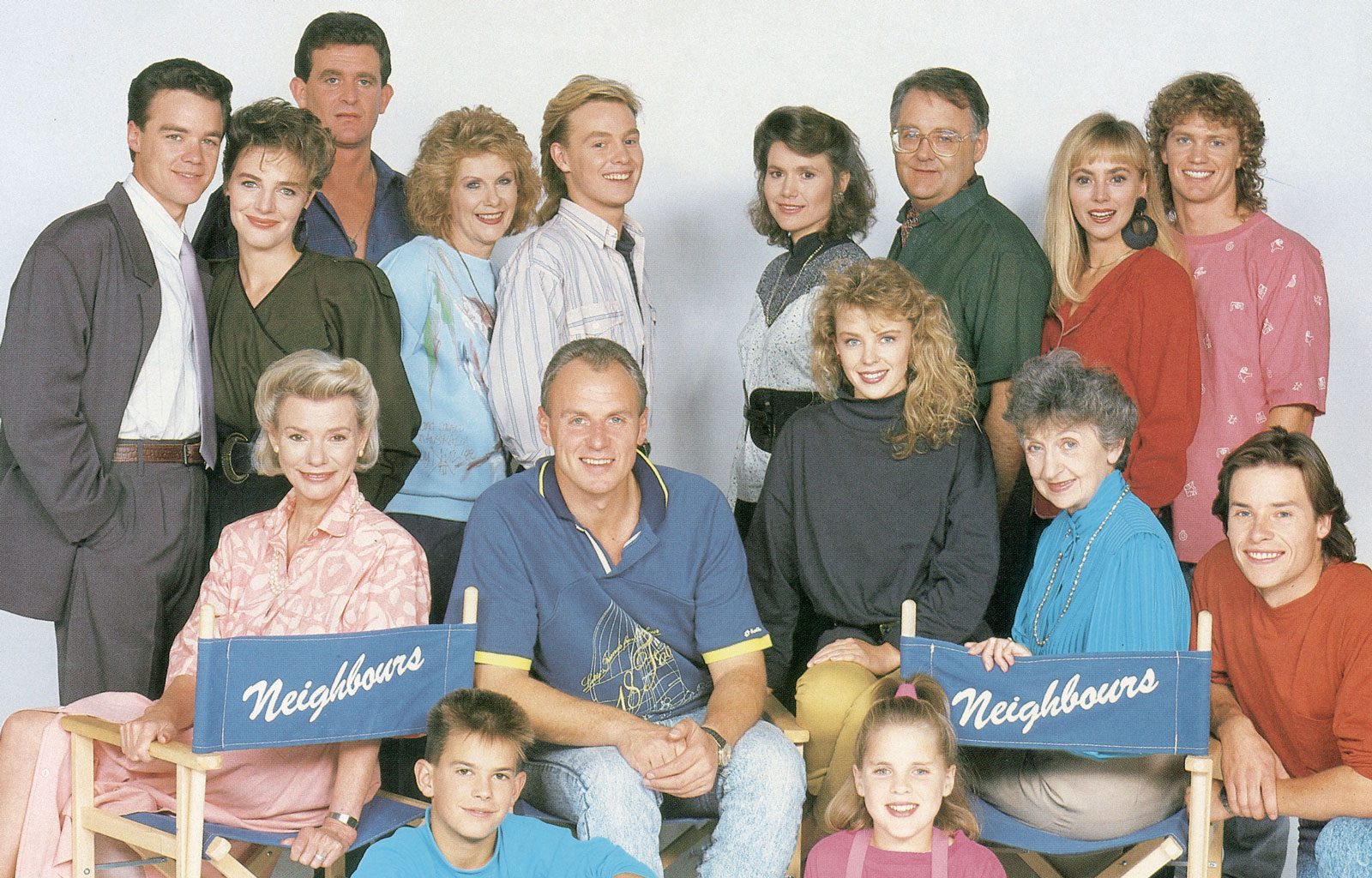Publicity image featuring the cast of the TV show Neighbours from 1989. 