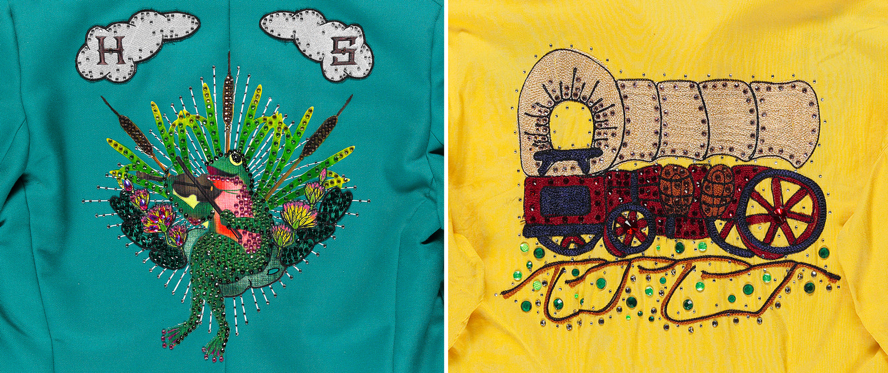 Back of green jacket and yellow shirt worn as part of a film costume. The jacket has an embroidered frog playing a violin and the initials H and S on it and the yellow jacket has a western-style wagon on the back.