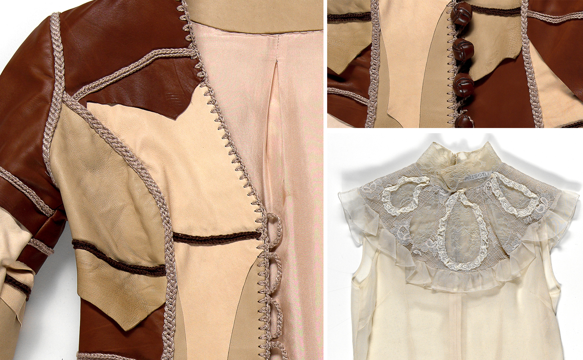Close up shots of a patchwork leather coat and cream-coloured lace blouse.