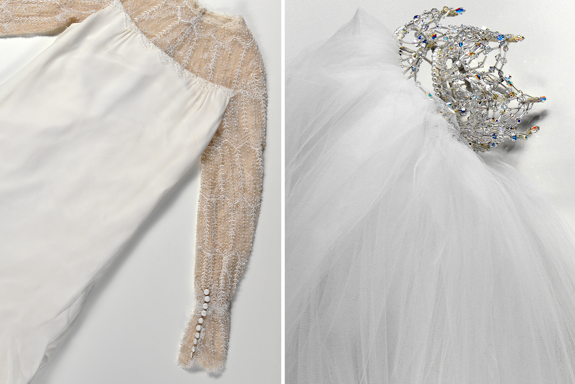 A wedding dress with lace around the neckline and sleeves, pictured next to a veil and tiara.