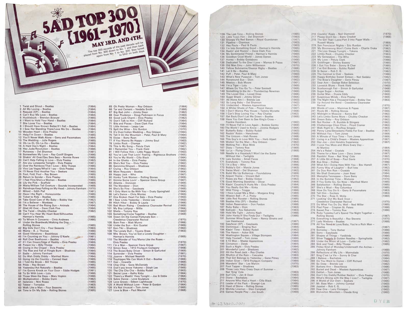 A long list of 300 songs from the 1960s