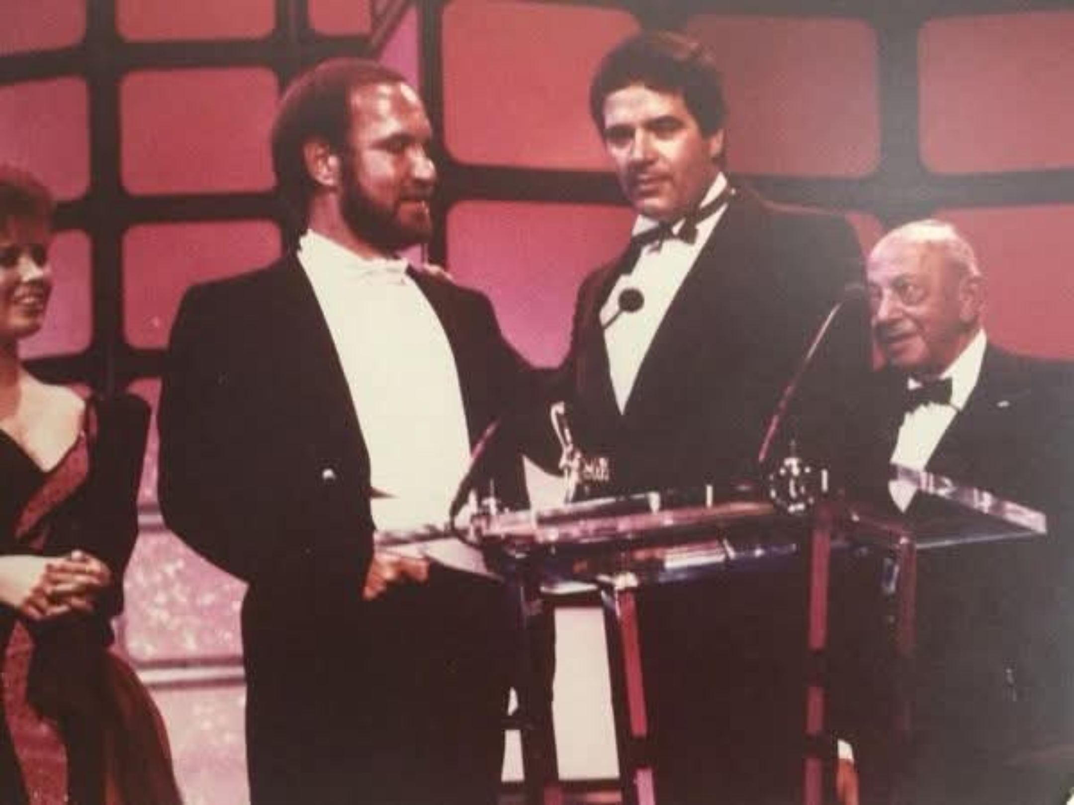 Harvey Shore and Simon Townsend on stage at the 1986 Logie Awards