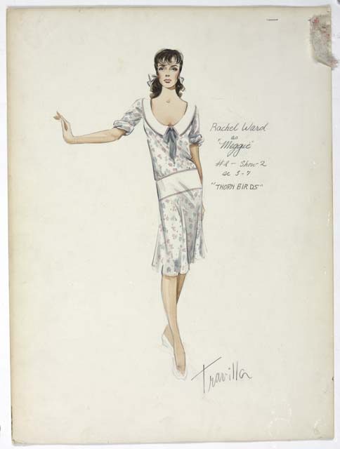 ORIGINAL COSTUME DESIGN DEPICTING A WHITE DROP-WAISTED DRESS WITH A PINK AND TEAL PATTERN WORN BY RACHEL WARD 
