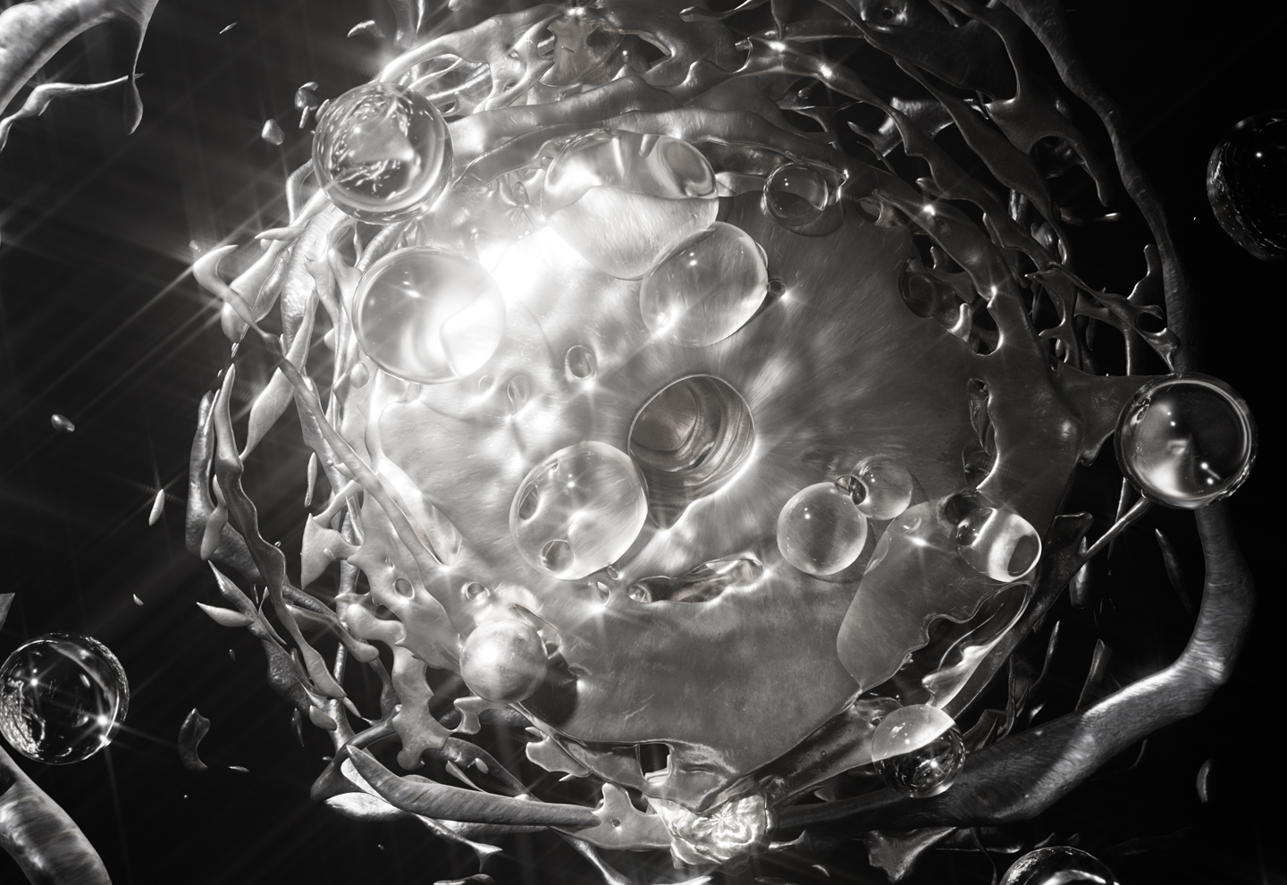 Detail from the art installation Inferno showing a spherical portal in space which is emanating thin strips and bubble shapes.