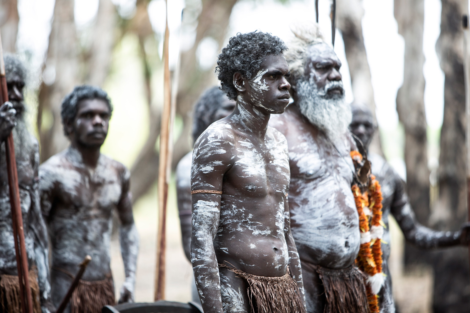 A group of Aboriginal men in the bush wearing traditional body and face paint.