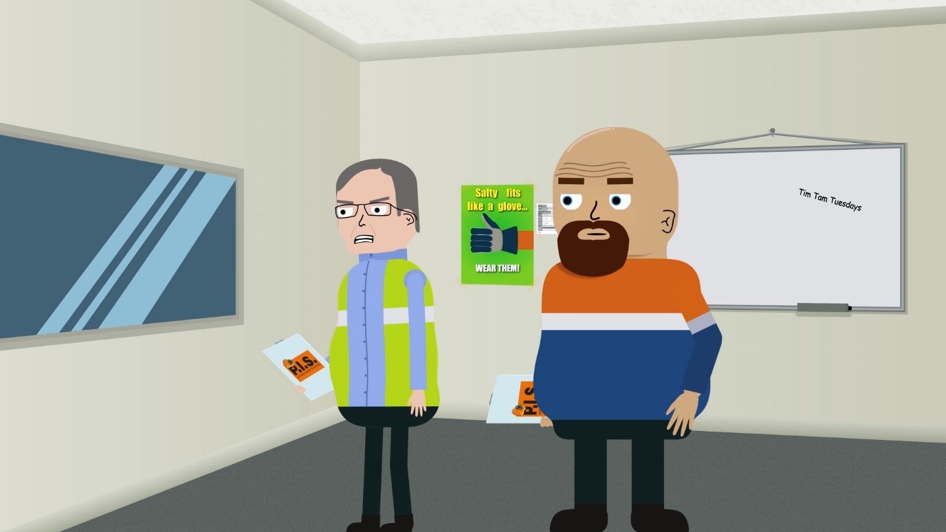 Two cartoon characters in a office space