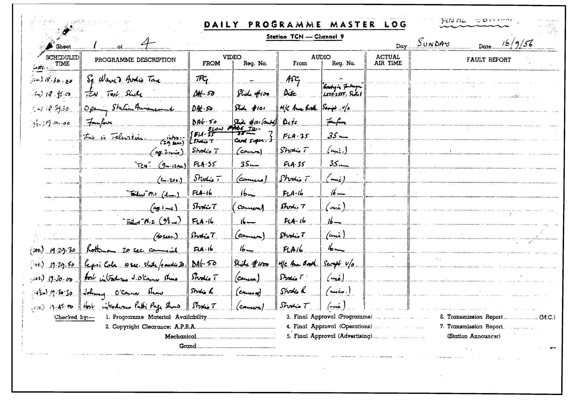 TCN9 Daily programme master log page 1 from 16 September 1956