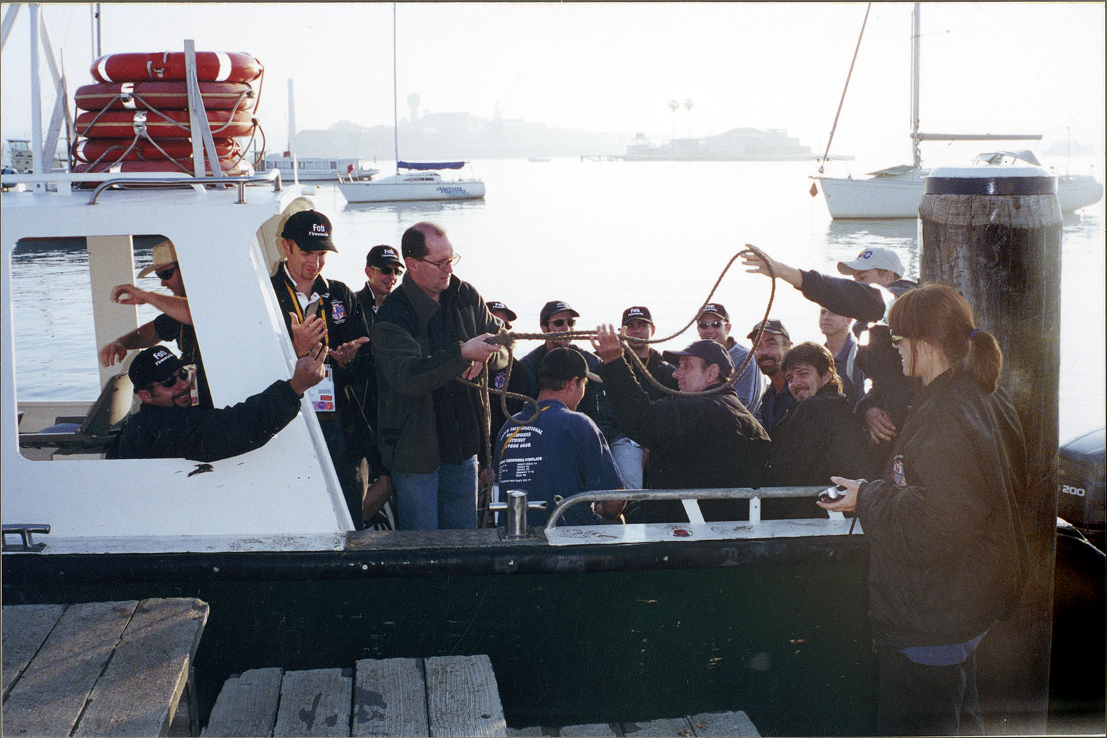 Karen Hewitt with pyrotechnics crew on Sydney Harbour