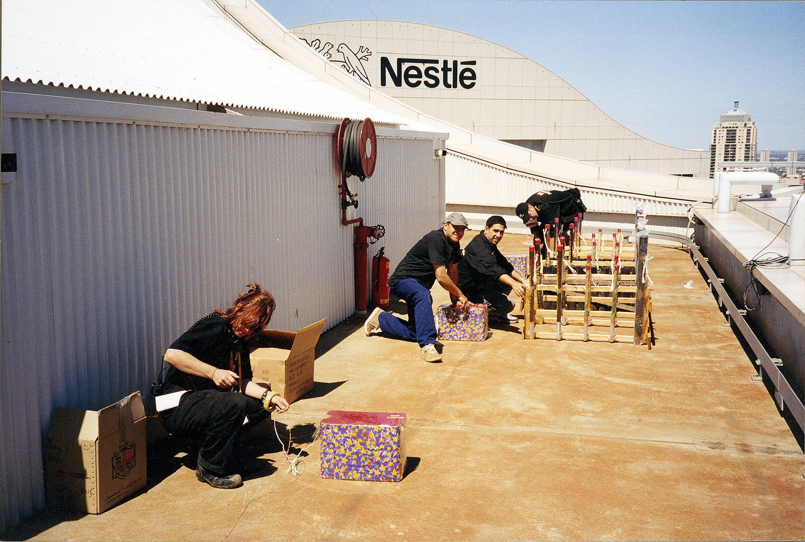 Karen Hewitt and crew preparing pyrotechnics for New Year