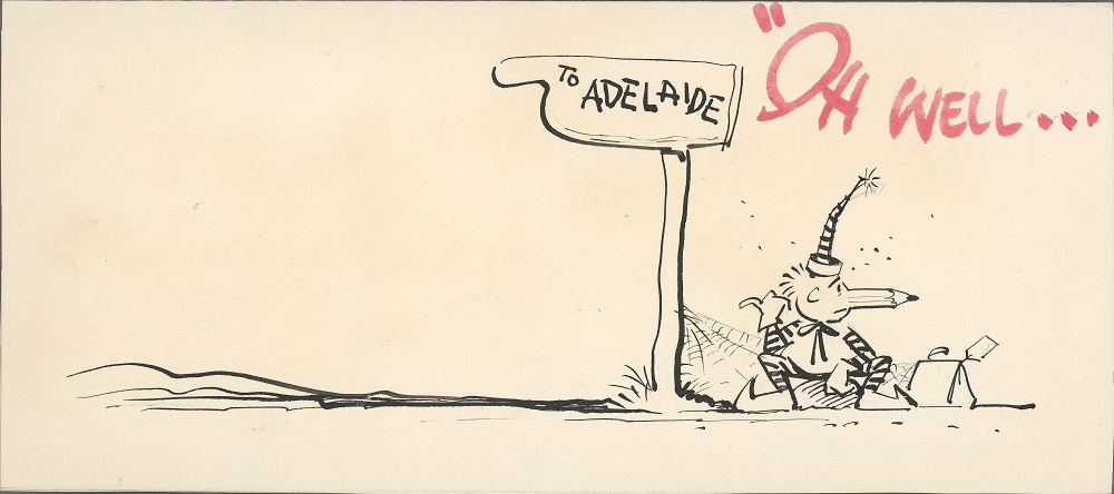 Red and black card showing Mr Squiggle hitchhiking next a sign saying, 
