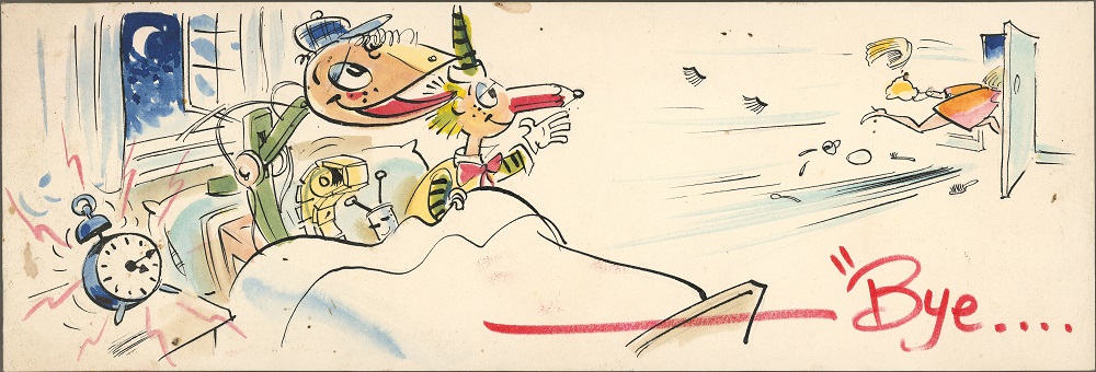 Drawing of three cartoon characters in bed with an a woman running out of the room and an alarm clock ringing