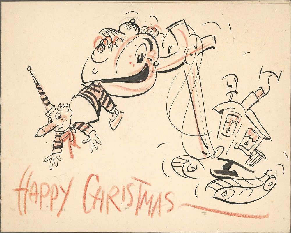 Handmade Christmas card shows a cartoon steam shovel holding another character in its mouth
