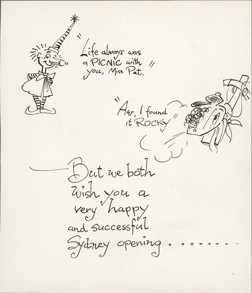 Black and white cartoon characters wishing Pat Lovell good luck