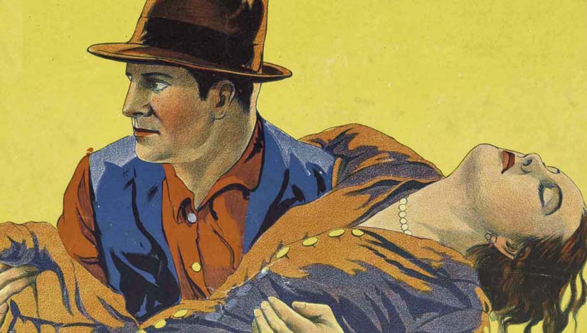 A man carries an unconscious woman on a poster for a 1929 Swedish film