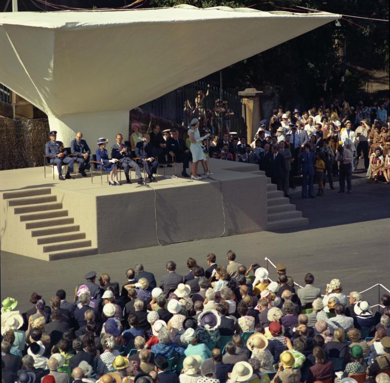 The Queen on stage at the opening ceremony for the Sydney Opera House. 