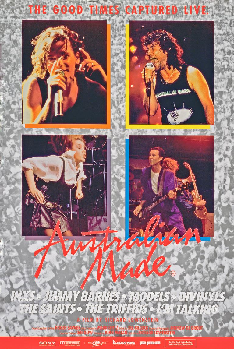 Poster for Australian Made: The Movie saying "The good times captured live" above four separate images of singers Michael Hutchence, Jimmy Barnes, Chrissy Amphlett and James Freud over a shot of a crowd of concert-goers.