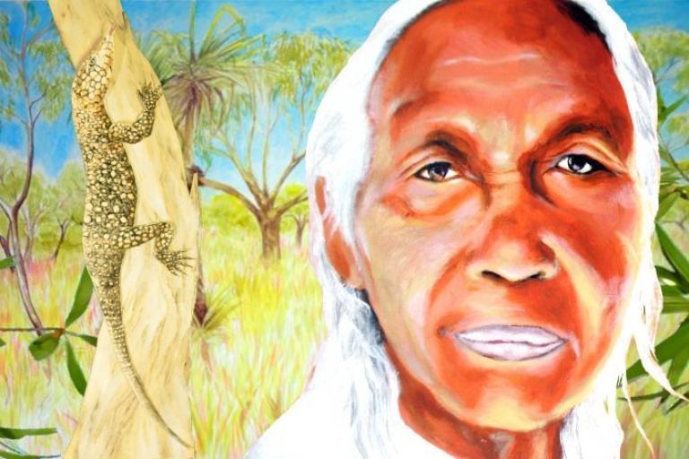 An illustration of an Indigenous elder standing in front of a lizard climbing a tree in bushland