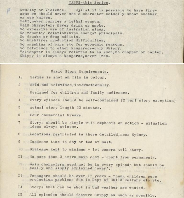 Two merged pages outlining the requirements for scriptwriters submitting stories for Skippy. Two merged pages outlining the requirements for scriptwriters submitting stories for Skippy.