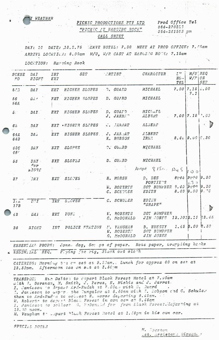 Production call sheet for Day 10 of filming Picnic at Hanging Rock, 1975. Production call sheet for Day 10 of filming Picnic at Hanging Rock, 1975.