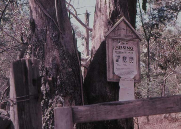 'Missing' poster on the noticeboard at the entrance to Hanging Rock picnic grounds, in a still from Picnic at Hanging Rock.