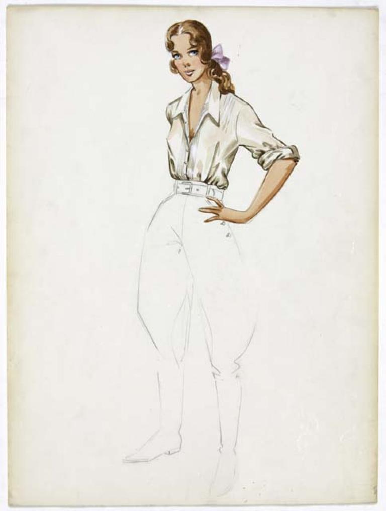 ORIGINAL COSTUME DESIGN DEPICTING A CREAM COLOURED BLOUSE AND JODHPURS WORN BY RACHEL WARD 