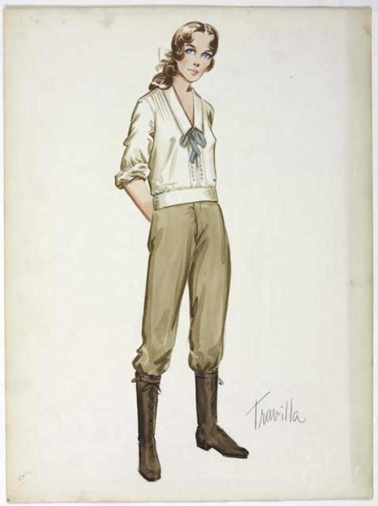 ORIGINAL COSTUME DESIGN DEPICTING A CREAM COLOURED BLOUSE WITH A BLUE BOW, A BROWN PAIR OF TROUSERS AND A PAIR OF BROWN LACE UP BOOTS WORN BY RACHEL WARD