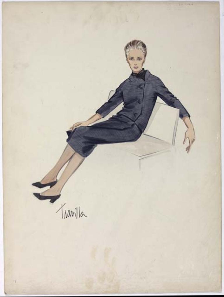 ORIGINAL COSTUME DESIGN DEPICTING A CHARCOAL GREY SKIRT SUIT 
