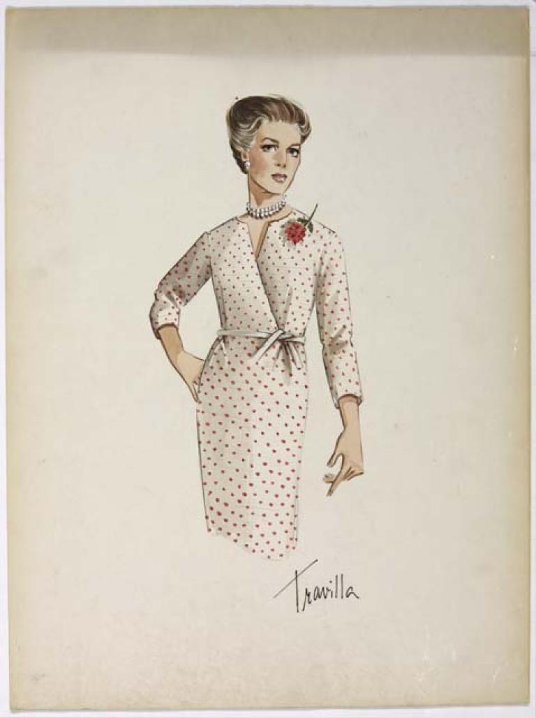 ORIGINAL COSTUME DESIGN DEPICTING A CREAM AND RED POLKA DOT DRESS WITH RED CORSAGE PINNED TO THE LEFT SHOULDER
