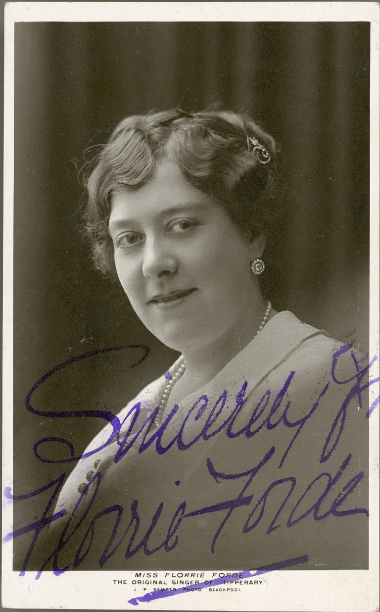 Florrie Forde Head and shoulders photo of Florrie Forde with 'Sincerely Florrie Forde' written across the photo.