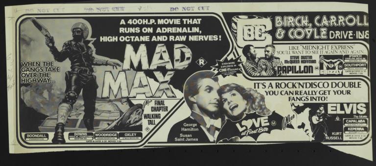 Black and white advertising layout includes images for 'Mad Max', 'Papillon', 'Love at First Bite' and 'Elvis the Movie'. Black and white advertising layout includes images for 'Mad Max', 'Papillon', 'Love at First Bite' and 'Elvis the Movie'.