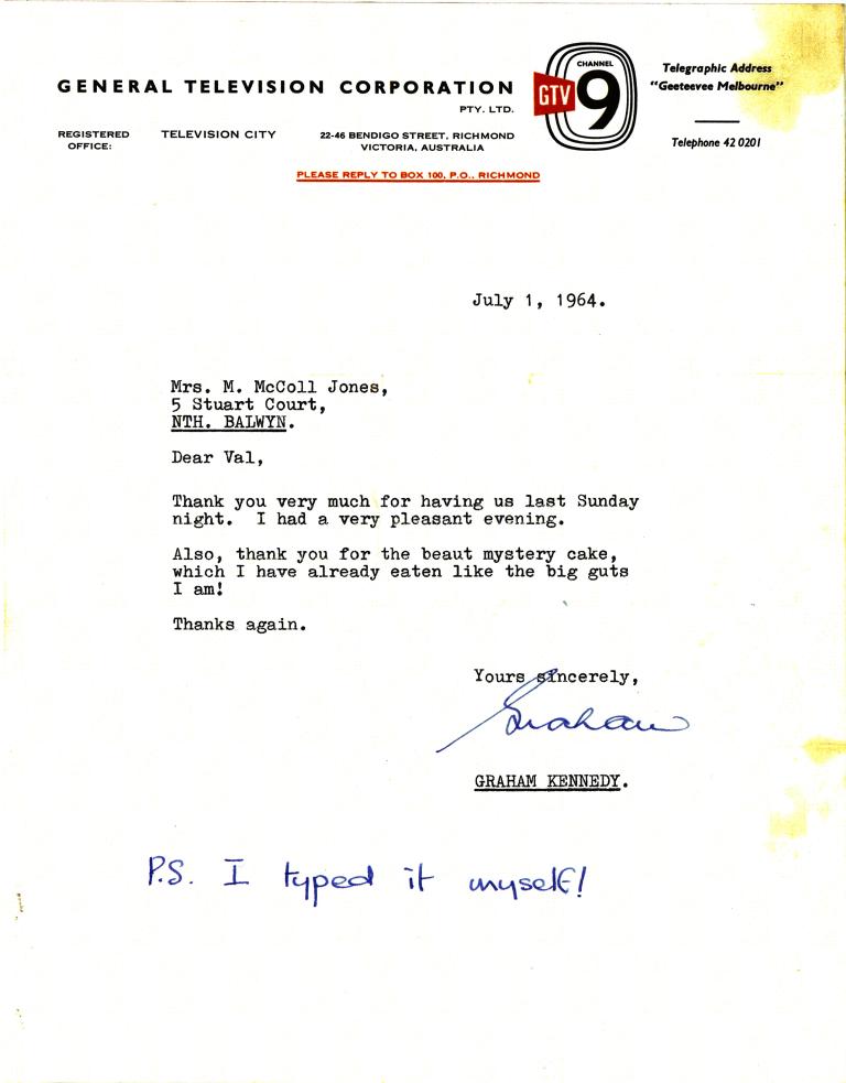 Image of a letter on GTV letterhead from Graham Kennedy to Mike McColl Jones' wife Val thanking her for dinner