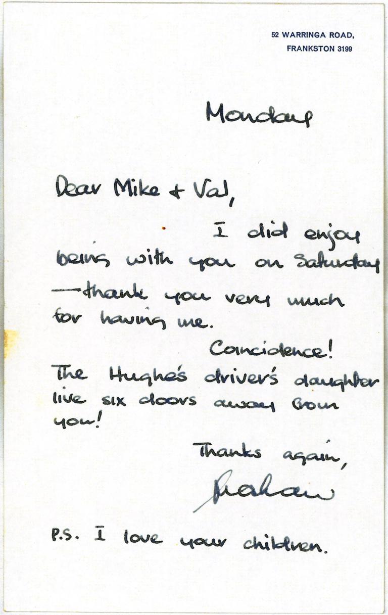 Handwritten thank you letter Handwritten thank you note from Graham Kennedy to Mike and Val McColl Jones