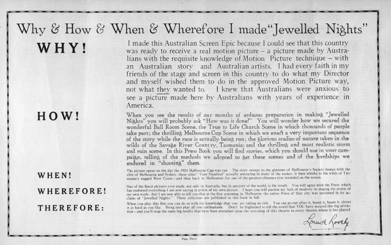 Cinema advertisement for 'Jewelled Nights'  explaining why Louise Lovely made the film.