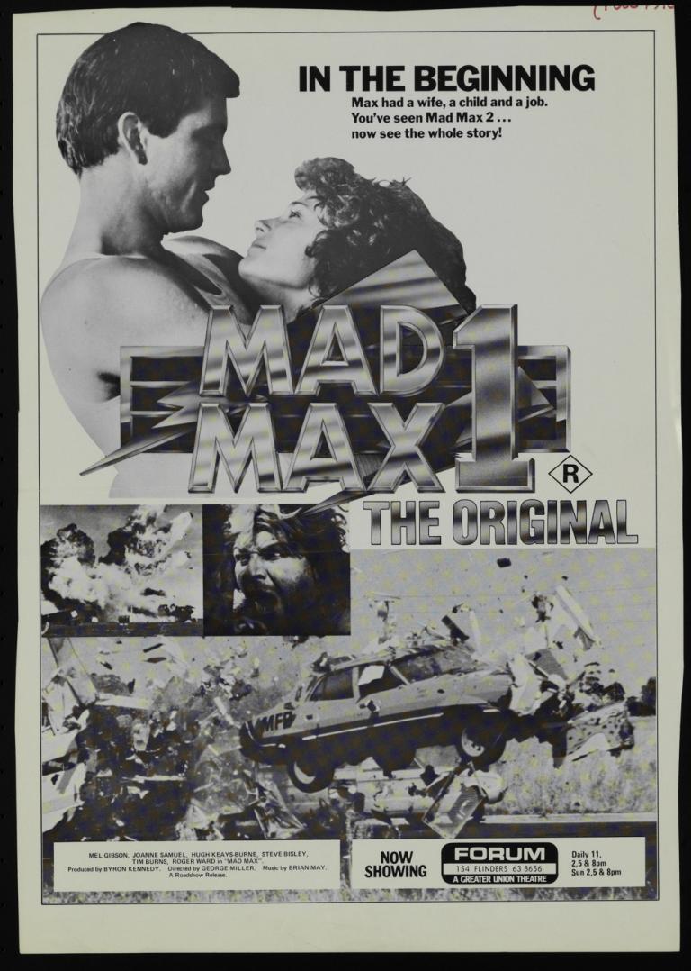 Black and white with three images from the film and an image of Mel Gibson and Joanne Samuel at the top. Title reads: 'Mad Max I : The Original' Black and white with three images from the film and an image of Mel Gibson and Joanne Samuel at the top. Title reads: 'Mad Max I : The Original'