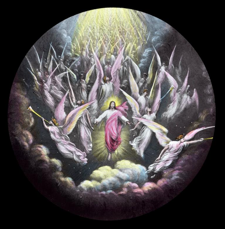 Christ descending from the sky with angels surrounding