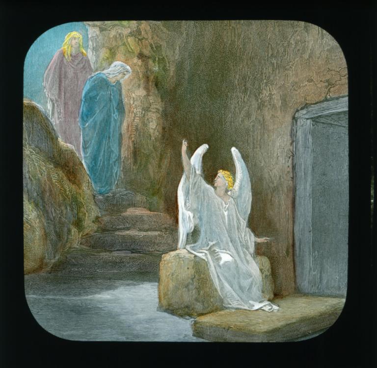 An angel sits at the door of the crypt with two figures descending stairs behind
