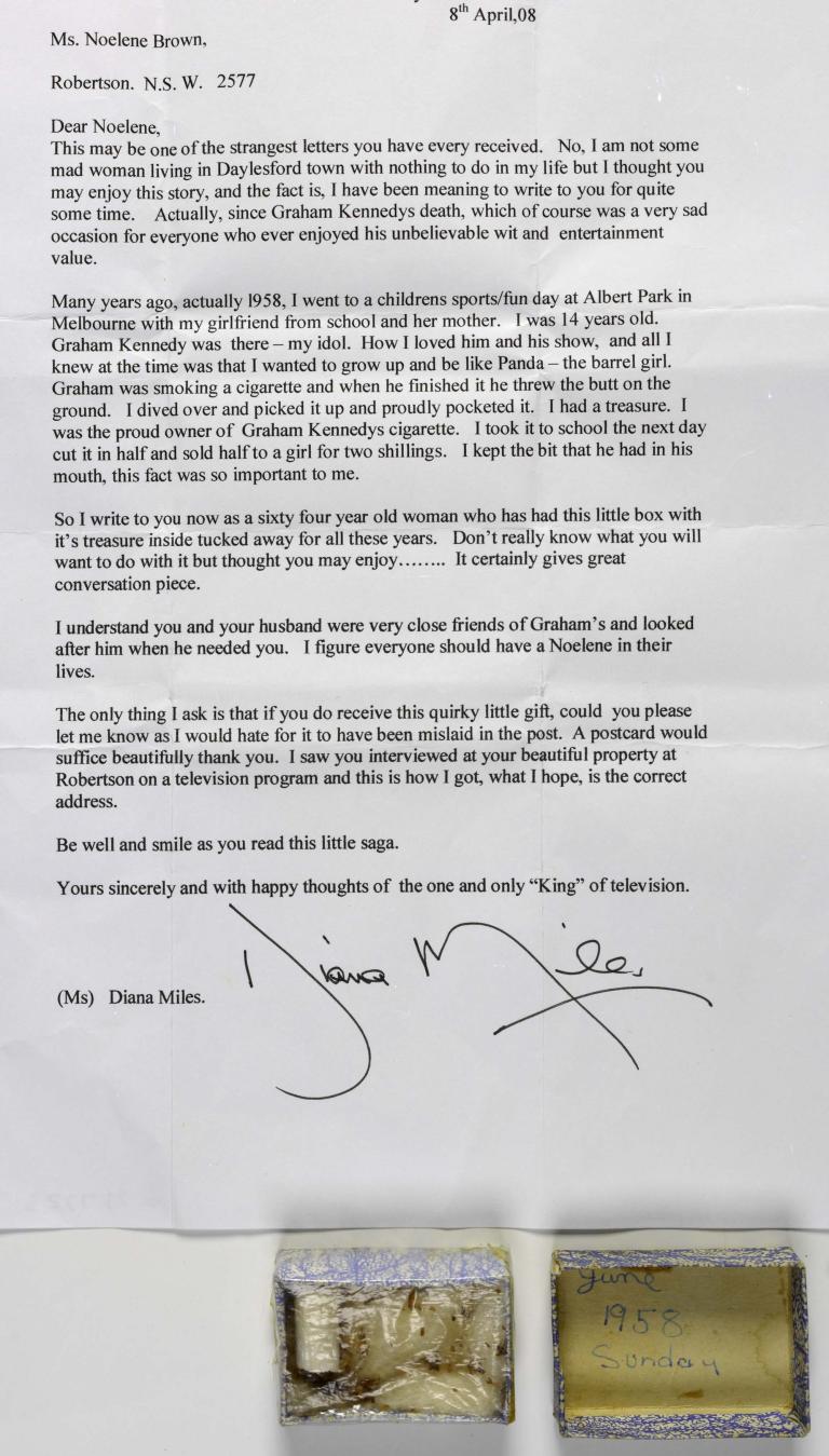 Letter to Noeline Brown from a Graham Kennedy fan with cigarette butt of his attached.