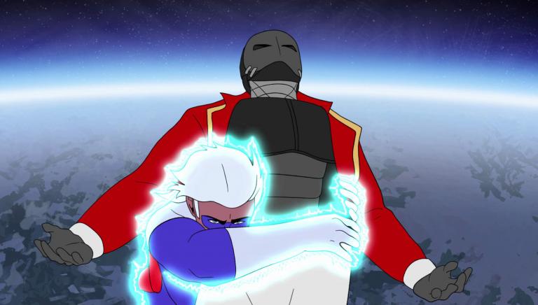 Animation cell of a superhero grabbing a villain around his waist as he looks to be attempting to fly away.