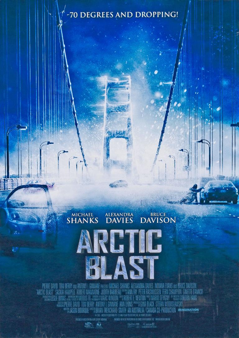 Arctic Blast Movie Poster Poster for the film Arctic Blast showing a frozen cars and people on the road of a suspension bridge. The film title is in large block letters and film credits are at the bottom centre of the poster.